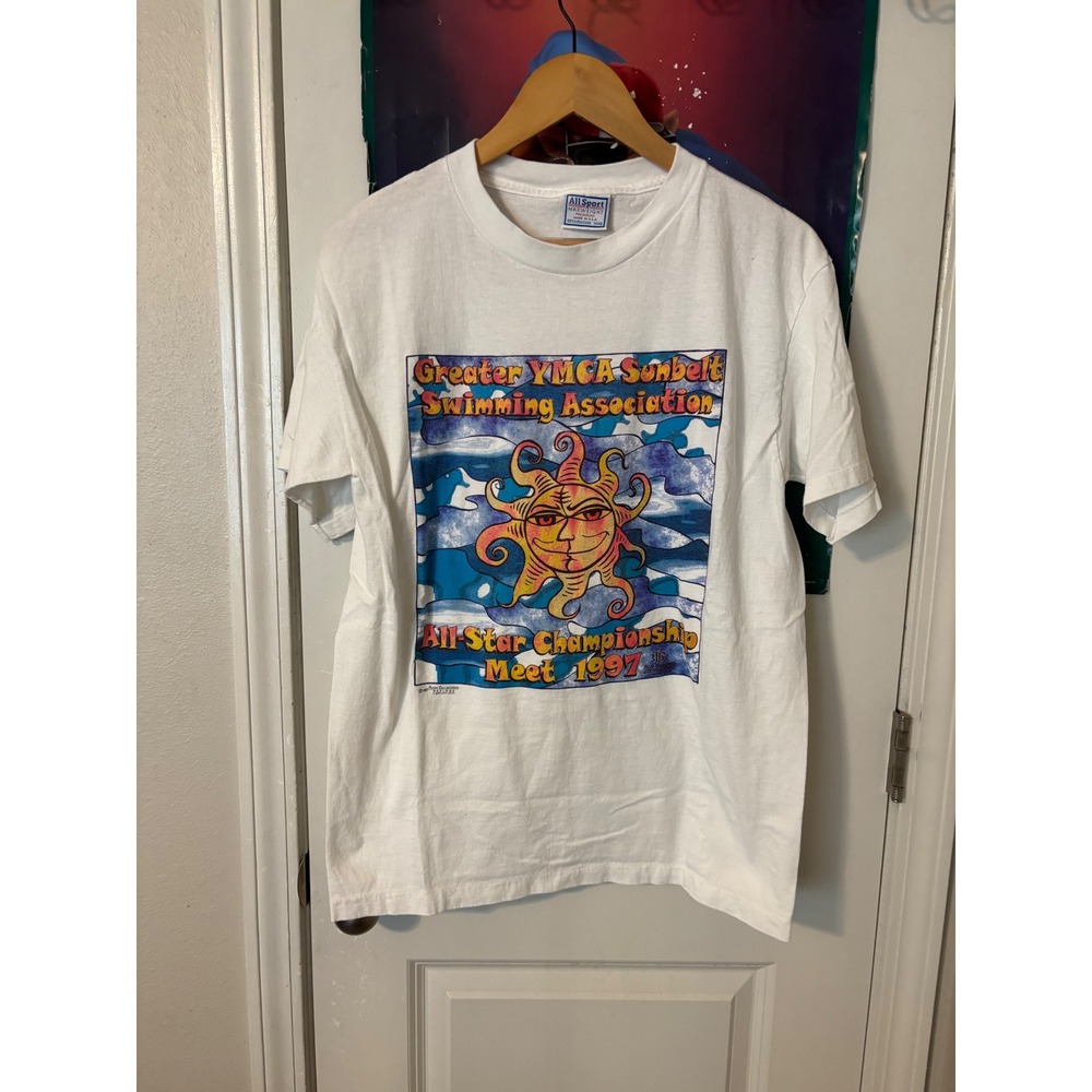 Vintage 1997 YMCA Swimming All-Star Championship T-Shirt All Sport White Mens M